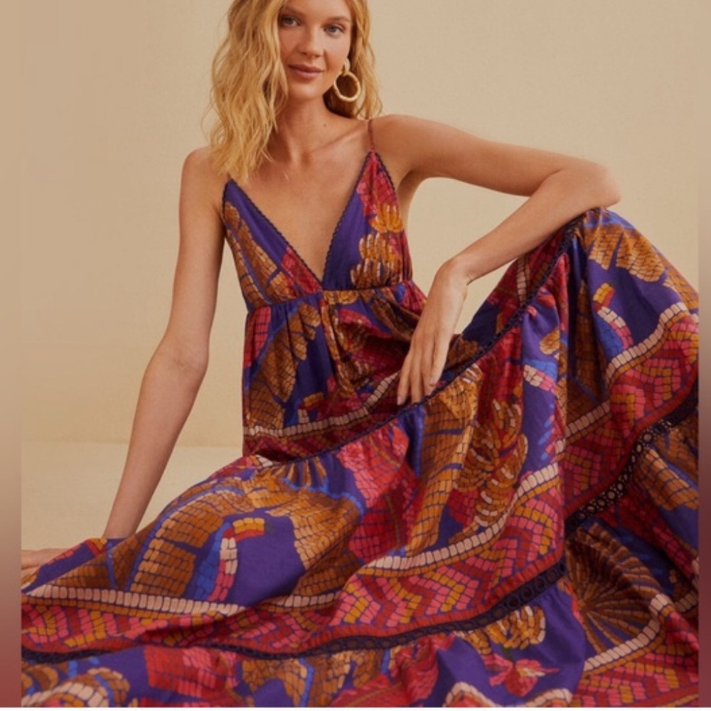 FARM Rio Blue Forest Mosaic Sleeveless Maxi Dress BNWT Size Small